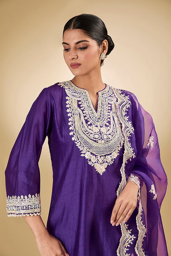 Purple Pure Silk Chanderi Parsi Gara Embroidered A-Line Kurta Set by Sheetal Batra at Pernia's Pop Up Shop