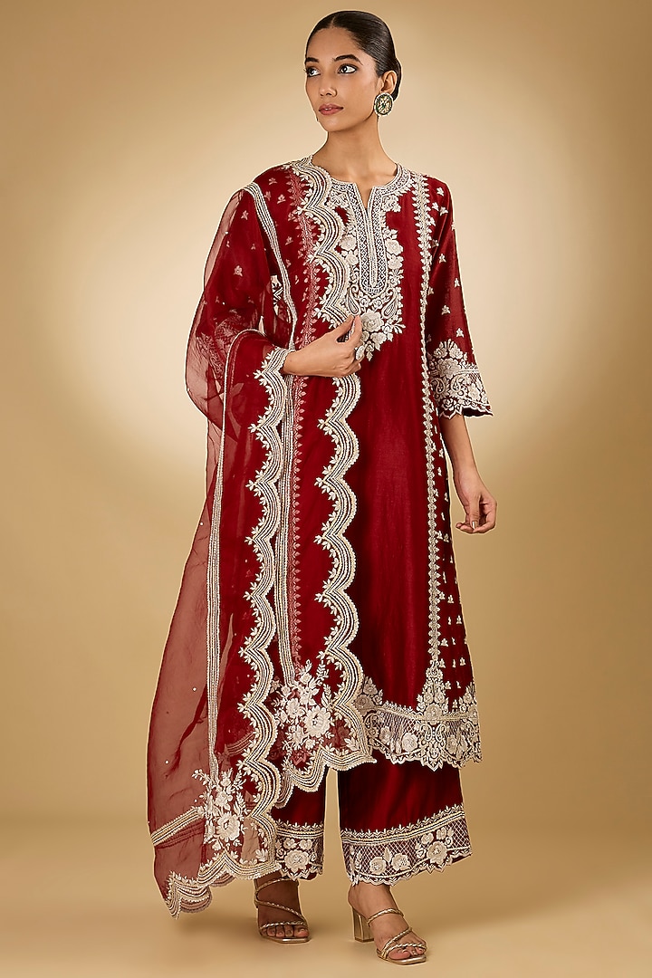 Red Pure Silk Chanderi Parsi Gara Embroidered A-Line Kurta Set by Sheetal Batra at Pernia's Pop Up Shop