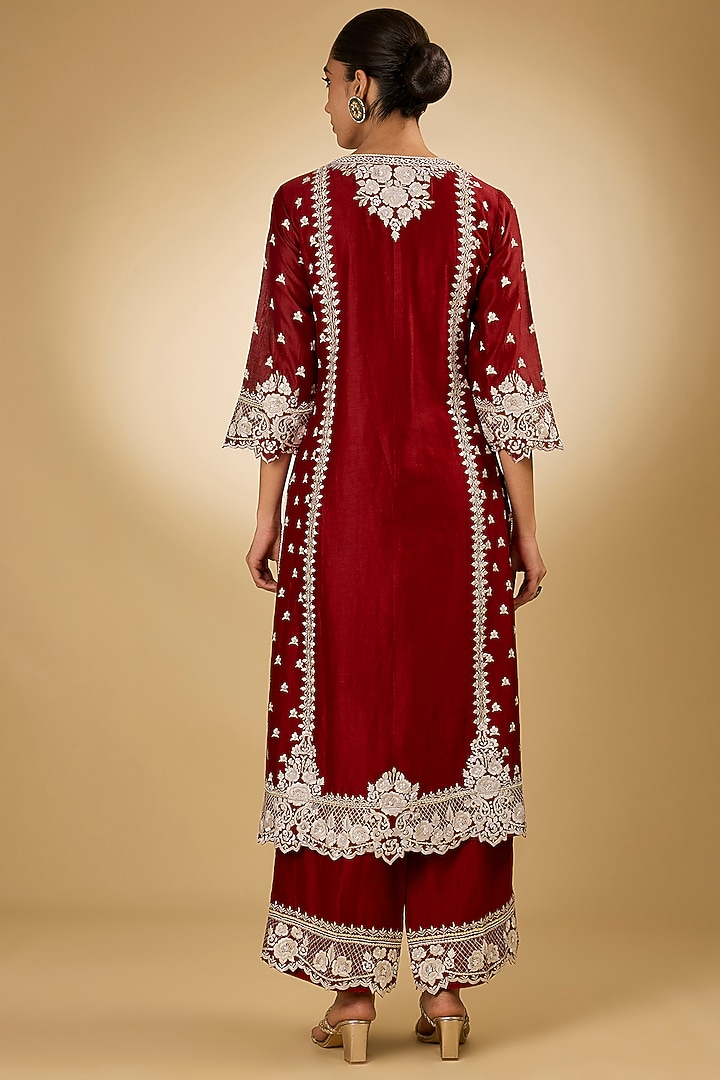 Red Pure Silk Chanderi Parsi Gara Embroidered A-Line Kurta Set by Sheetal Batra at Pernia's Pop Up Shop