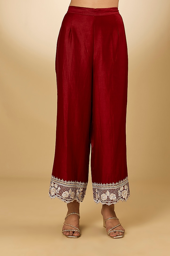 Red Pure Silk Chanderi Parsi Gara Embroidered A-Line Kurta Set by Sheetal Batra at Pernia's Pop Up Shop
