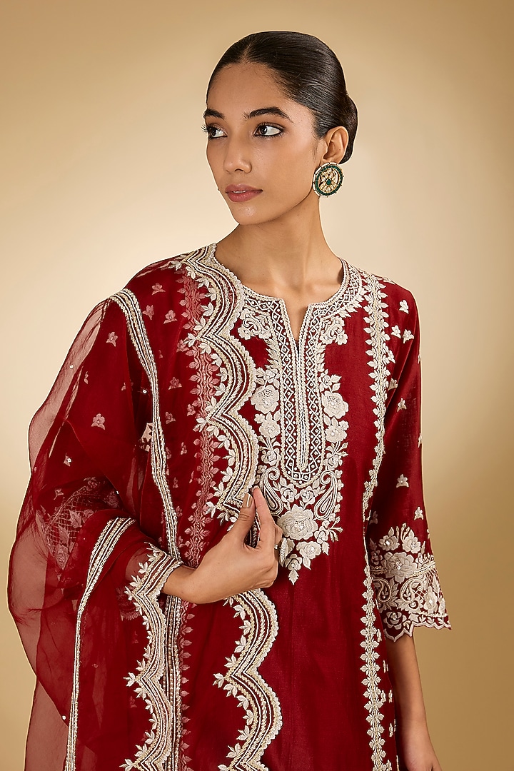 Red Pure Silk Chanderi Parsi Gara Embroidered A-Line Kurta Set by Sheetal Batra at Pernia's Pop Up Shop