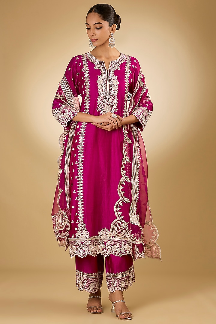 Pink Pure Silk Chanderi Parsi Gara Embroidered A-Line Kurta Set by Sheetal Batra at Pernia's Pop Up Shop