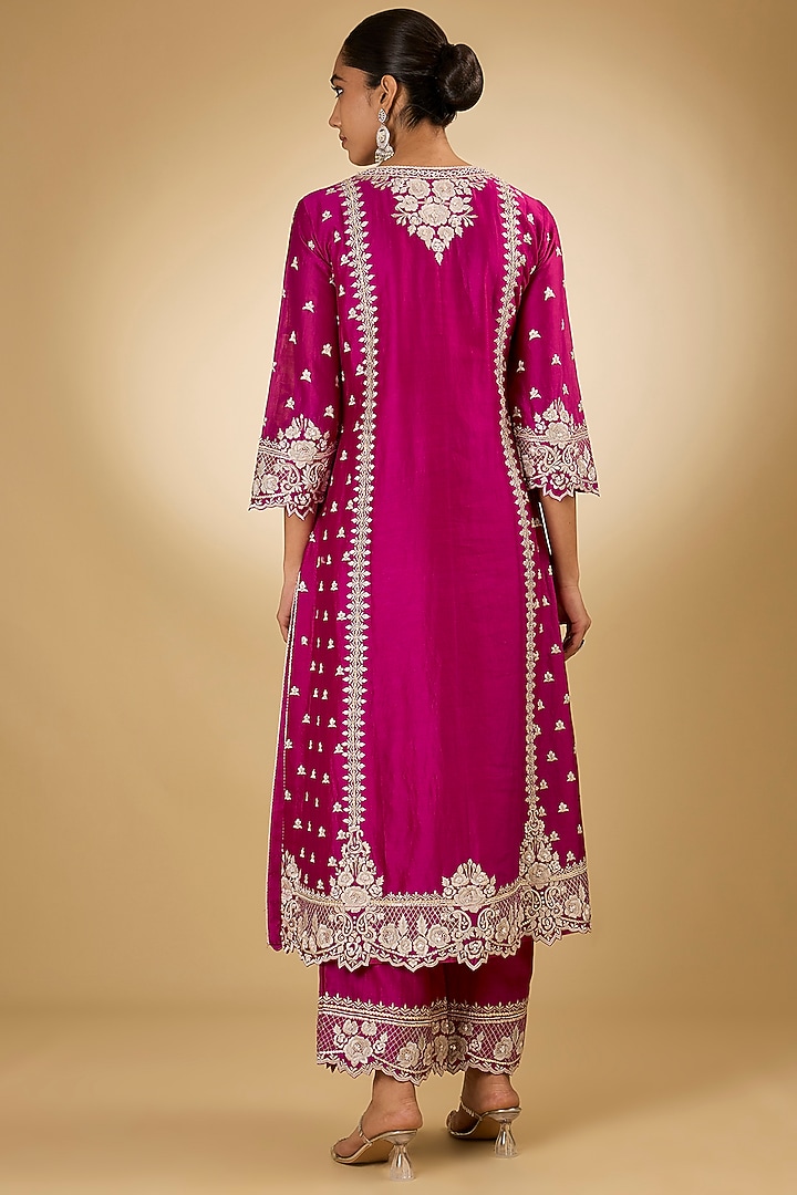 Pink Pure Silk Chanderi Parsi Gara Embroidered A-Line Kurta Set by Sheetal Batra at Pernia's Pop Up Shop