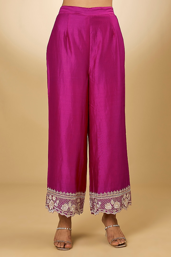 Pink Pure Silk Chanderi Parsi Gara Embroidered A-Line Kurta Set by Sheetal Batra at Pernia's Pop Up Shop