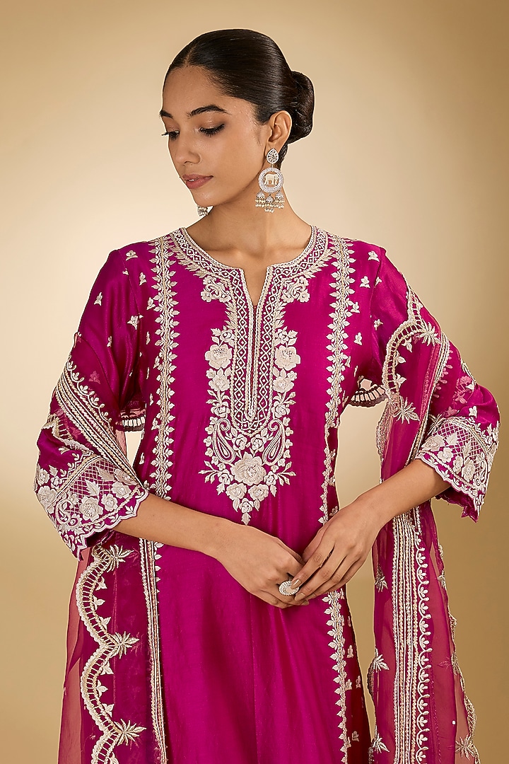 Pink Pure Silk Chanderi Parsi Gara Embroidered A-Line Kurta Set by Sheetal Batra at Pernia's Pop Up Shop
