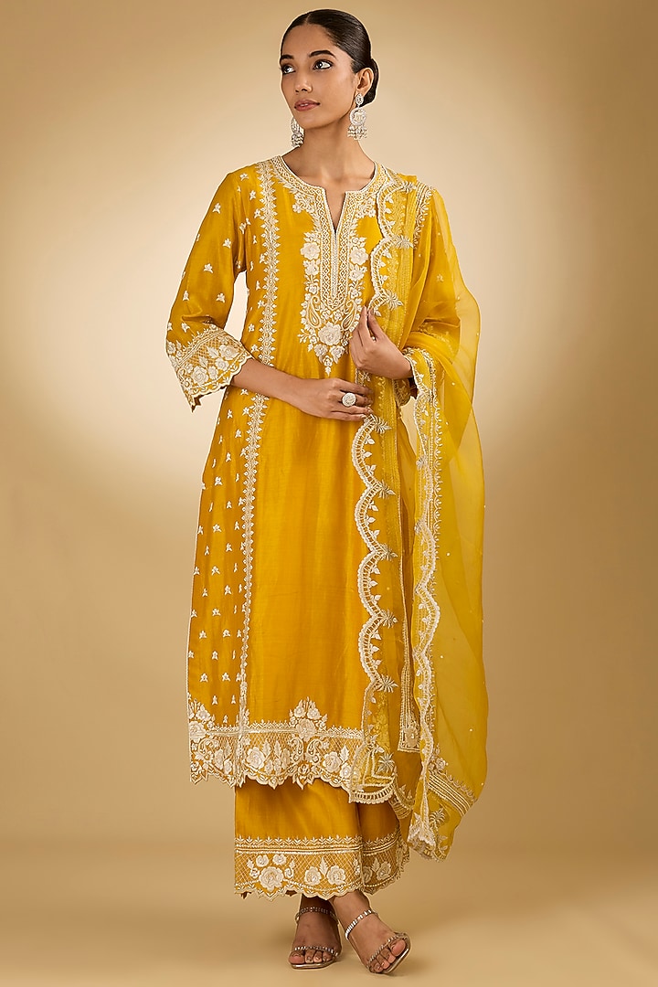 Yellow Pure Silk Chanderi Parsi Gara Embroidered A-Line Kurta Set by Sheetal Batra at Pernia's Pop Up Shop