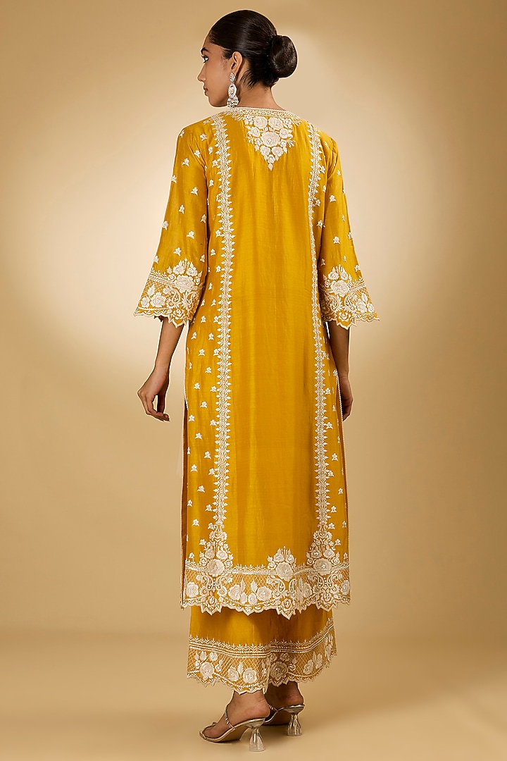 Yellow Pure Silk Chanderi Parsi Gara Embroidered A-Line Kurta Set by Sheetal Batra at Pernia's Pop Up Shop
