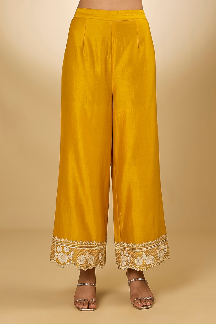 Yellow Pure Silk Chanderi Parsi Gara Embroidered A-Line Kurta Set by Sheetal Batra at Pernia's Pop Up Shop