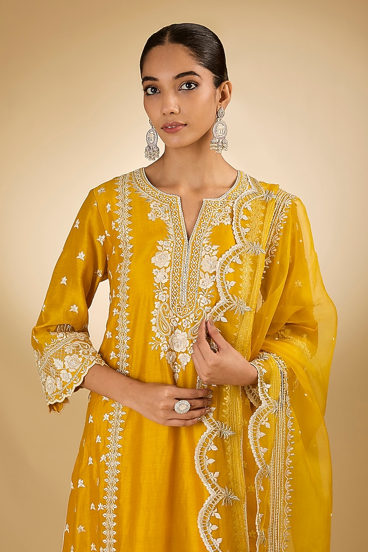 Yellow Pure Silk Chanderi Parsi Gara Embroidered A-Line Kurta Set by Sheetal Batra at Pernia's Pop Up Shop