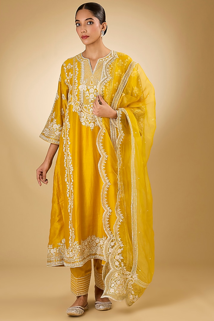 Yellow Pure Silk Chanderi Parsi Gara Embroidered Choga Kurta Set by Sheetal Batra at Pernia's Pop Up Shop