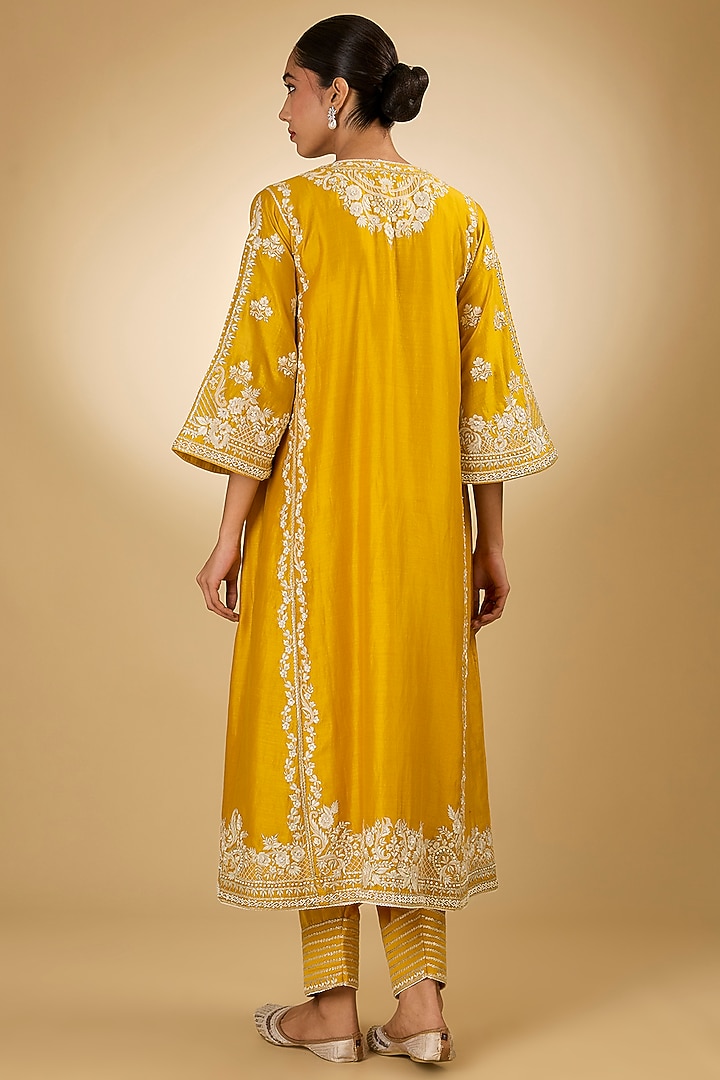 Yellow Pure Silk Chanderi Parsi Gara Embroidered Choga Kurta Set by Sheetal Batra at Pernia's Pop Up Shop