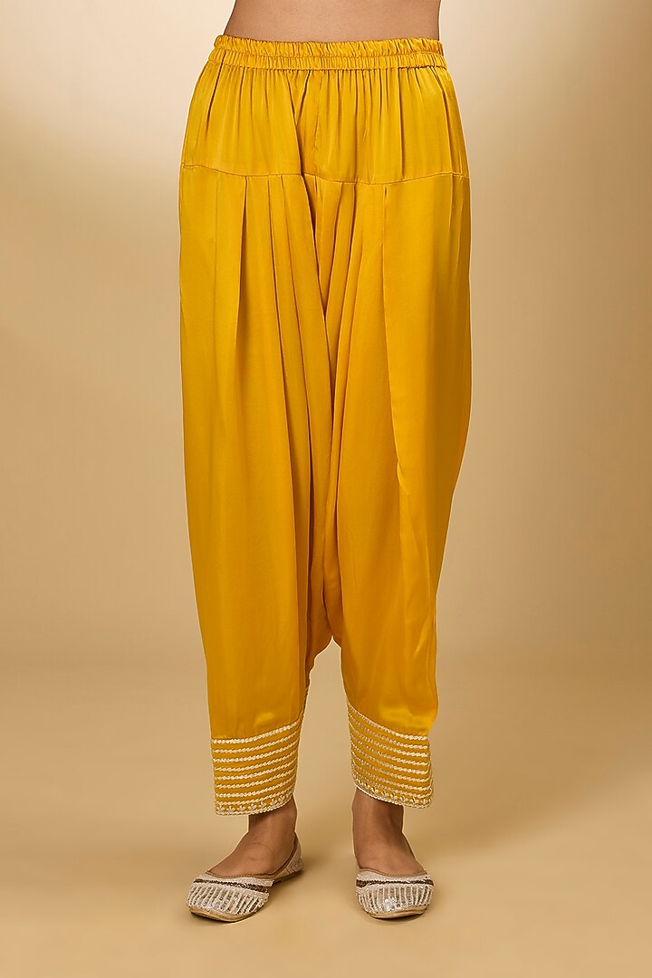 Yellow Pure Silk Chanderi Parsi Gara Embroidered Choga Kurta Set by Sheetal Batra at Pernia's Pop Up Shop
