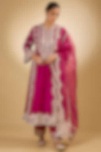 Pink Pure Silk Chanderi Parsi Gara Embroidered Choga Kurta Set by Sheetal Batra at Pernia's Pop Up Shop