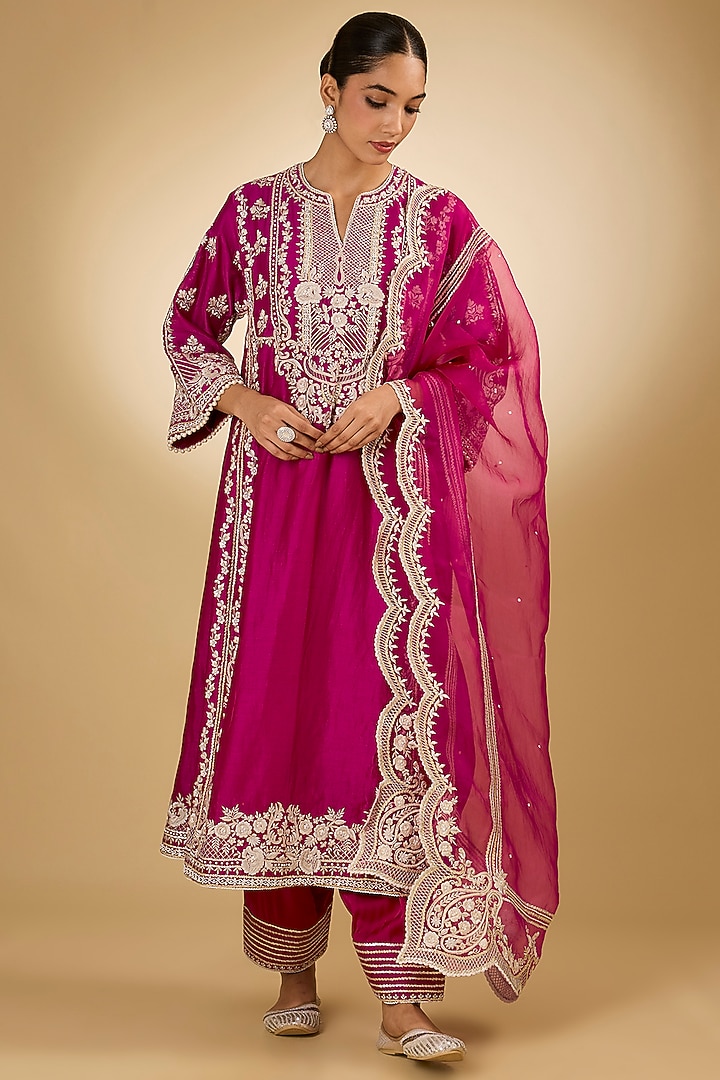 Pink Pure Silk Chanderi Parsi Gara Embroidered Choga Kurta Set by Sheetal Batra at Pernia's Pop Up Shop