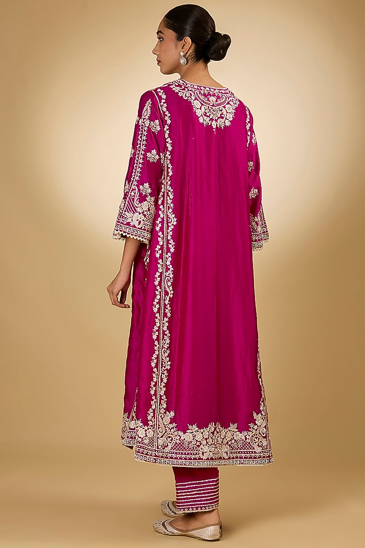Pink Pure Silk Chanderi Parsi Gara Embroidered Choga Kurta Set by Sheetal Batra at Pernia's Pop Up Shop
