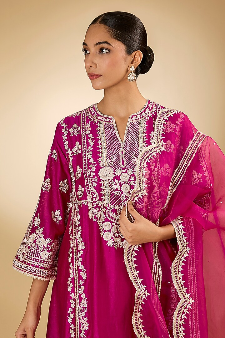 Pink Pure Silk Chanderi Parsi Gara Embroidered Choga Kurta Set by Sheetal Batra at Pernia's Pop Up Shop