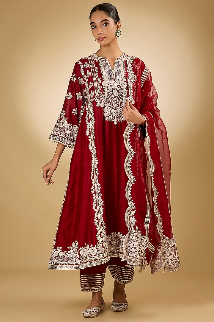 Red Pure Silk Chanderi Parsi Gara Embroidered Choga Kurta Set by Sheetal Batra at Pernia's Pop Up Shop