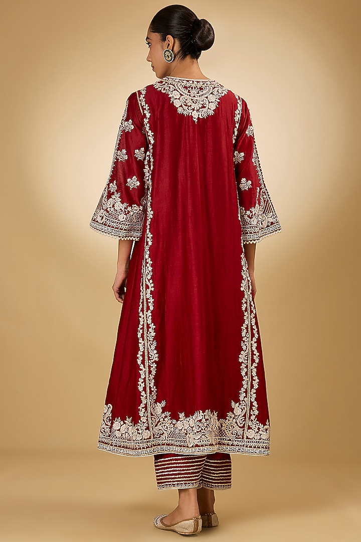 Red Pure Silk Chanderi Parsi Gara Embroidered Choga Kurta Set by Sheetal Batra at Pernia's Pop Up Shop