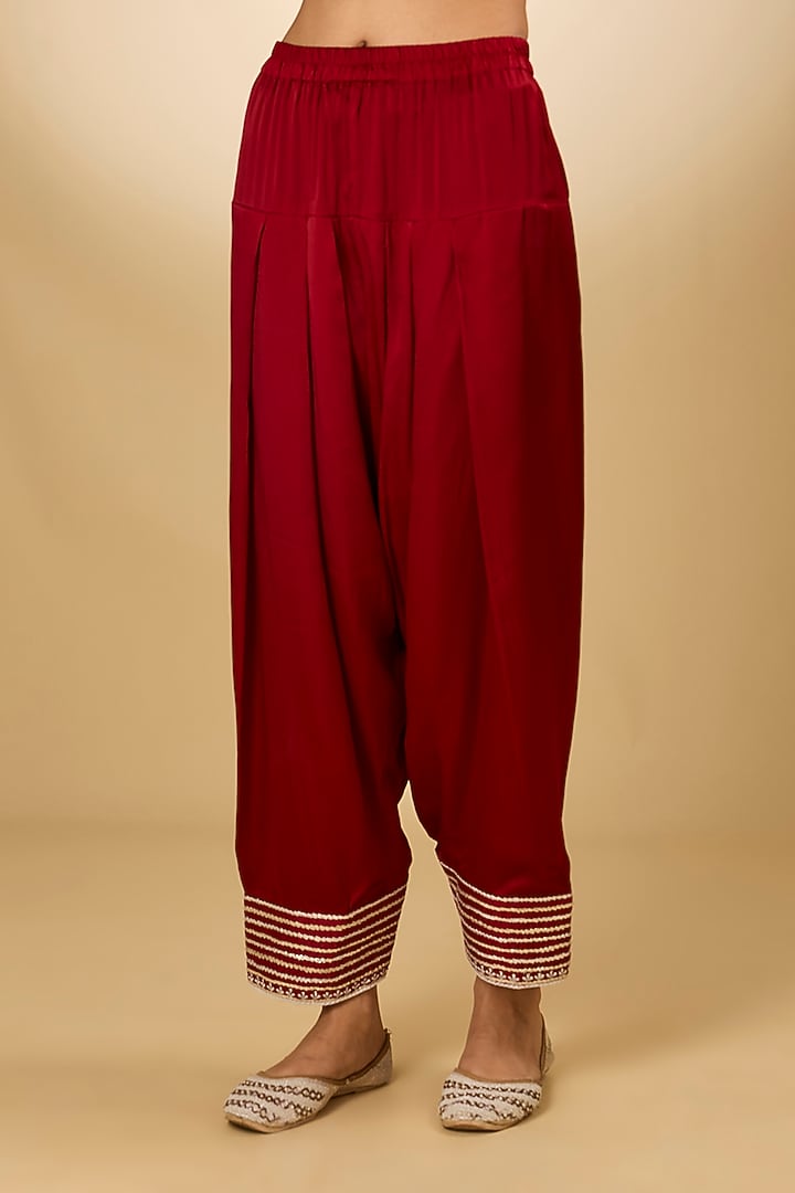 Red Pure Silk Chanderi Parsi Gara Embroidered Choga Kurta Set by Sheetal Batra at Pernia's Pop Up Shop