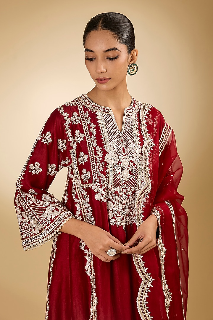 Red Pure Silk Chanderi Parsi Gara Embroidered Choga Kurta Set by Sheetal Batra at Pernia's Pop Up Shop