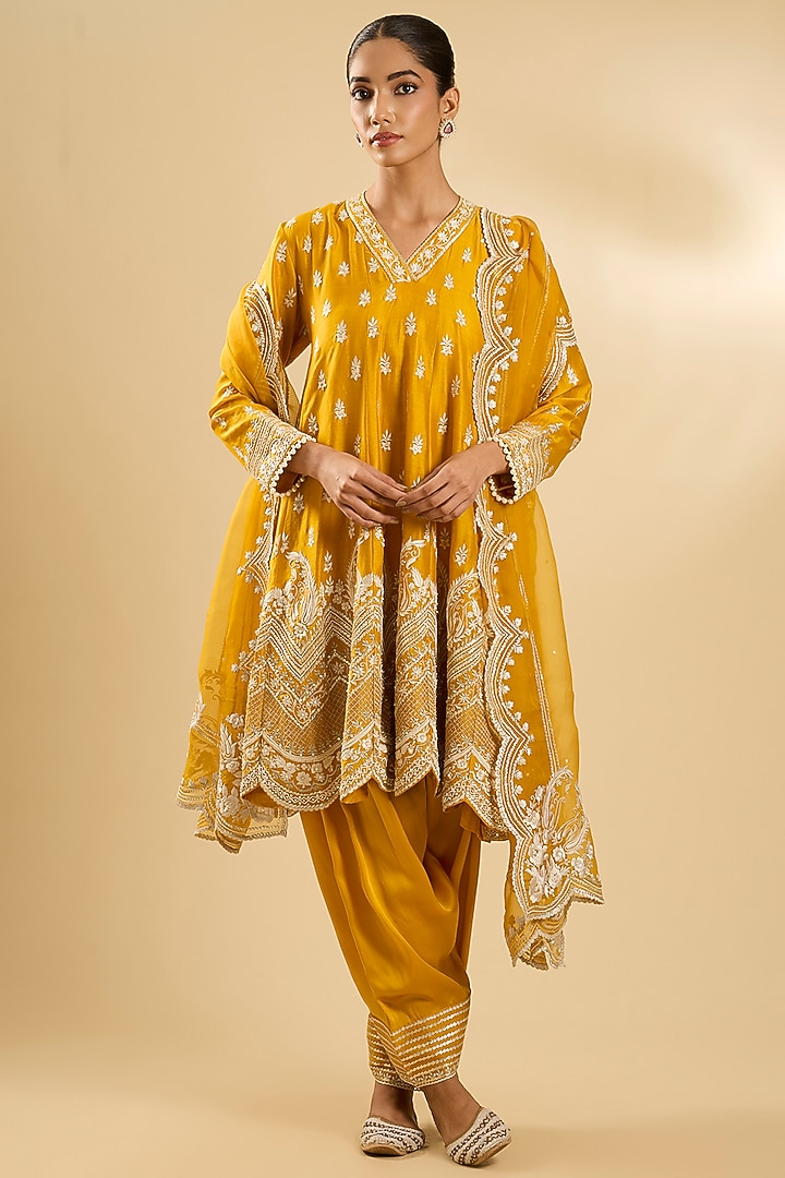 Mustard Pure Silk Organza Gota Embellished Short Kalidar Wedding Anarkali Set by Sheetal Batra at Pernia's Pop Up Shop