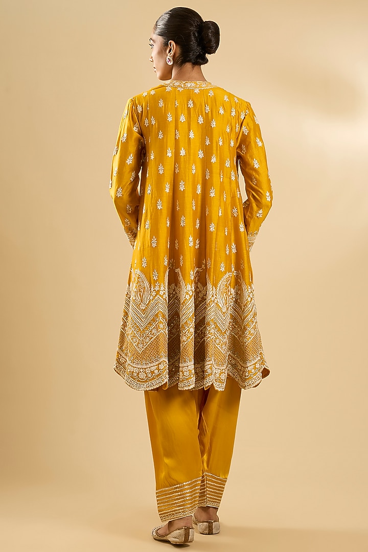 Mustard Pure Silk Organza Gota Embellished Short Kalidar Wedding Anarkali Set by Sheetal Batra at Pernia's Pop Up Shop