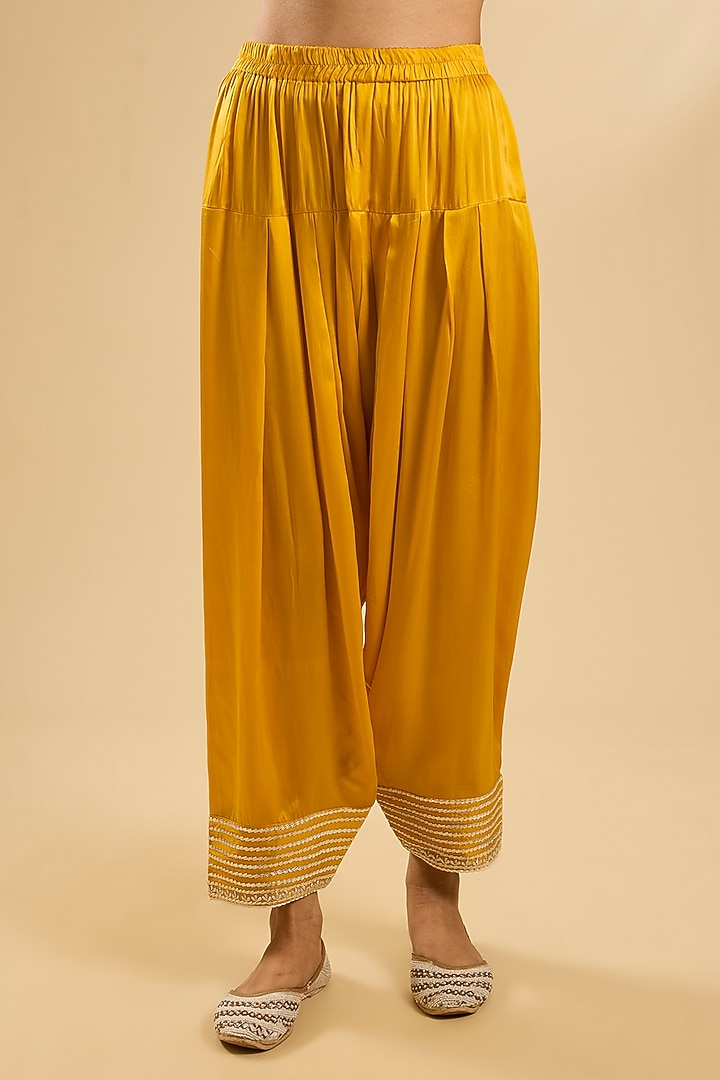 Mustard Pure Silk Organza Gota Embellished Short Kalidar Wedding Anarkali Set by Sheetal Batra at Pernia's Pop Up Shop