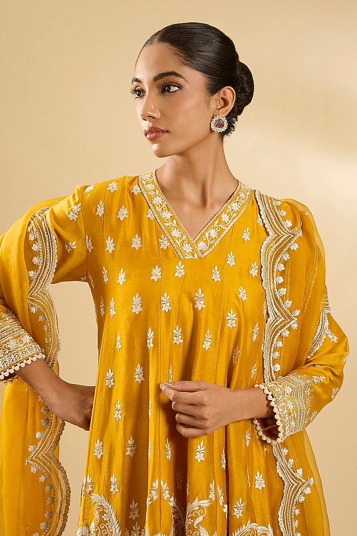Mustard Pure Silk Organza Gota Embellished Short Kalidar Wedding Anarkali Set by Sheetal Batra at Pernia's Pop Up Shop