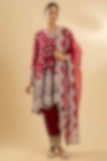 Deep Red Pure Silk Organza Gota Embellished Short Kalidar Wedding Anarkali Set by Sheetal Batra at Pernia's Pop Up Shop