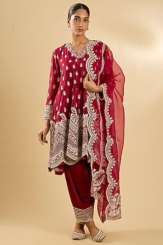 Deep Red Pure Silk Organza Gota Embellished Short Kalidar Anarkali Set by Sheetal Batra