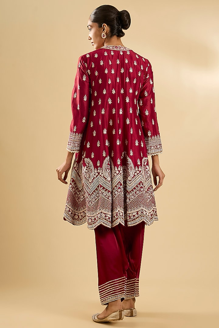 Deep Red Pure Silk Organza Gota Embellished Short Kalidar Wedding Anarkali Set by Sheetal Batra at Pernia's Pop Up Shop