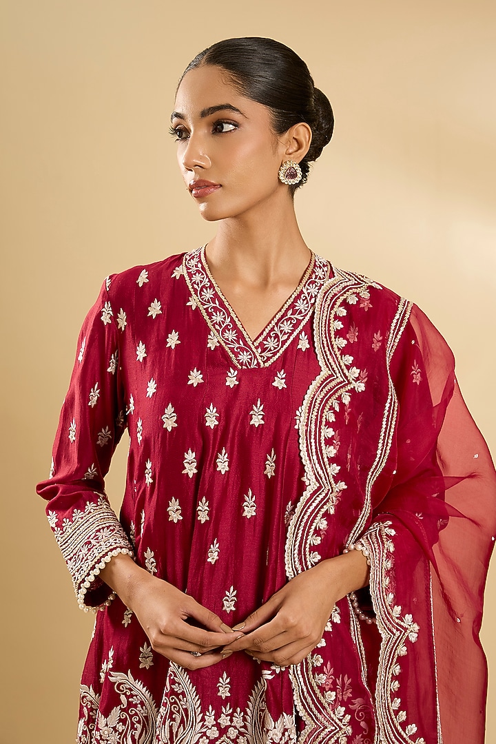 Deep Red Pure Silk Organza Gota Embellished Short Kalidar Wedding Anarkali Set by Sheetal Batra at Pernia's Pop Up Shop