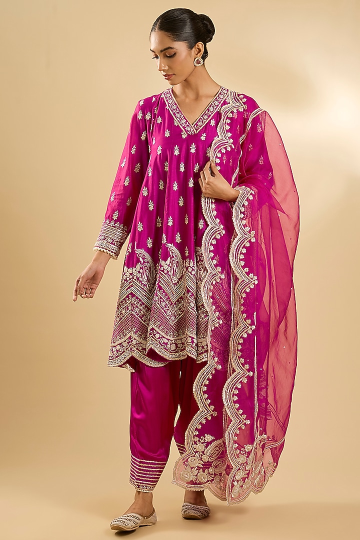 Hot Pink Pure Silk Organza Gota Embellished Short Kalidar Wedding Anarkali Set by Sheetal Batra at Pernia's Pop Up Shop
