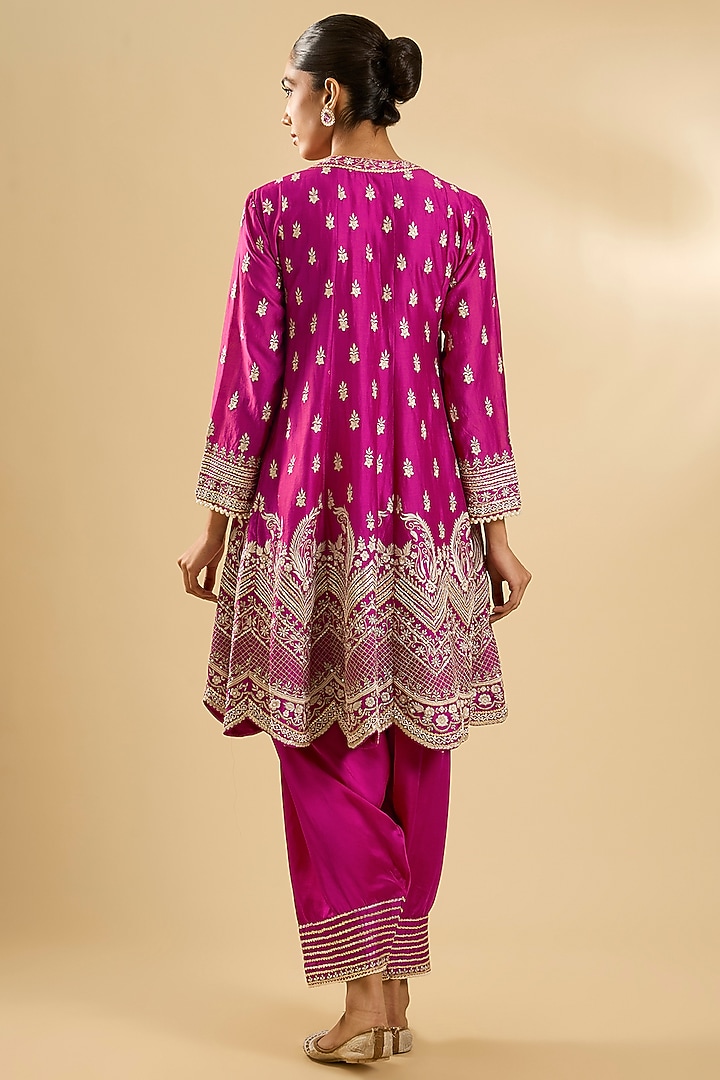 Hot Pink Pure Silk Organza Gota Embellished Short Kalidar Wedding Anarkali Set by Sheetal Batra at Pernia's Pop Up Shop