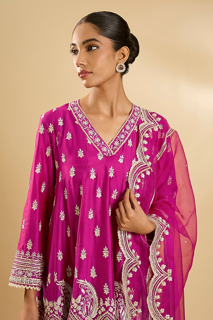 Hot Pink Pure Silk Organza Gota Embellished Short Kalidar Wedding Anarkali Set by Sheetal Batra at Pernia's Pop Up Shop