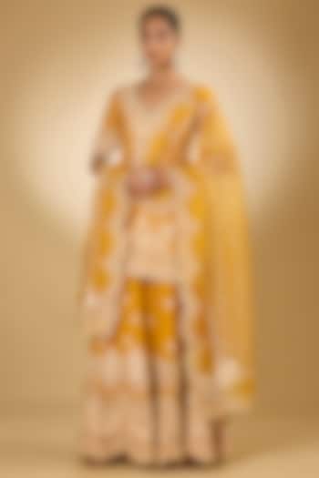 Yellow Pure Silk Chanderi Parsi Gara Embroidered Bridal Sharara Set by Sheetal Batra at Pernia's Pop Up Shop