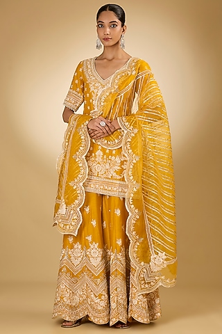 Yellow Pure Silk Chanderi Parsi Gara Embroidered Sharara Set by Sheetal Batra