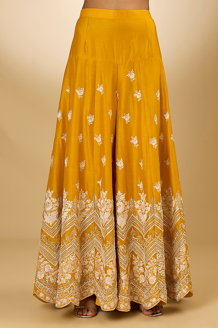 Yellow Pure Silk Chanderi Parsi Gara Embroidered Bridal Sharara Set by Sheetal Batra at Pernia's Pop Up Shop