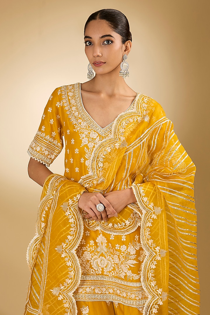 Yellow Pure Silk Chanderi Parsi Gara Embroidered Bridal Sharara Set by Sheetal Batra at Pernia's Pop Up Shop