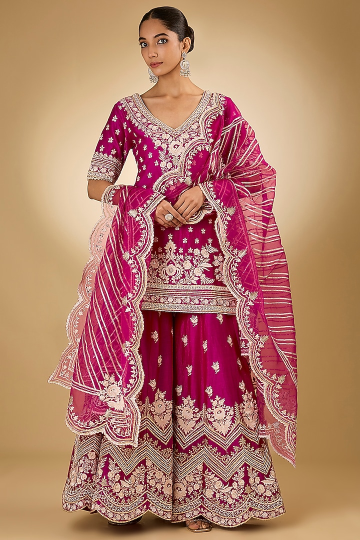 Pink Pure Silk Chanderi Parsi Gara Embroidered Bridal Sharara Set by Sheetal Batra at Pernia's Pop Up Shop