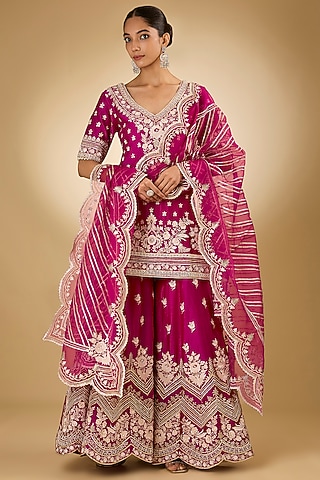 Pink Pure Silk Chanderi Parsi Gara Embroidered Sharara Set by Sheetal Batra