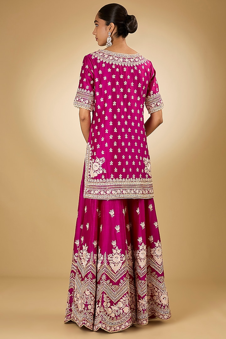 Pink Pure Silk Chanderi Parsi Gara Embroidered Bridal Sharara Set by Sheetal Batra at Pernia's Pop Up Shop