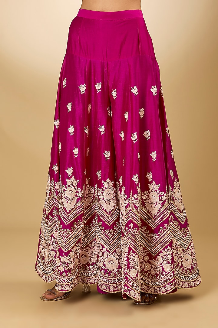 Pink Pure Silk Chanderi Parsi Gara Embroidered Bridal Sharara Set by Sheetal Batra at Pernia's Pop Up Shop