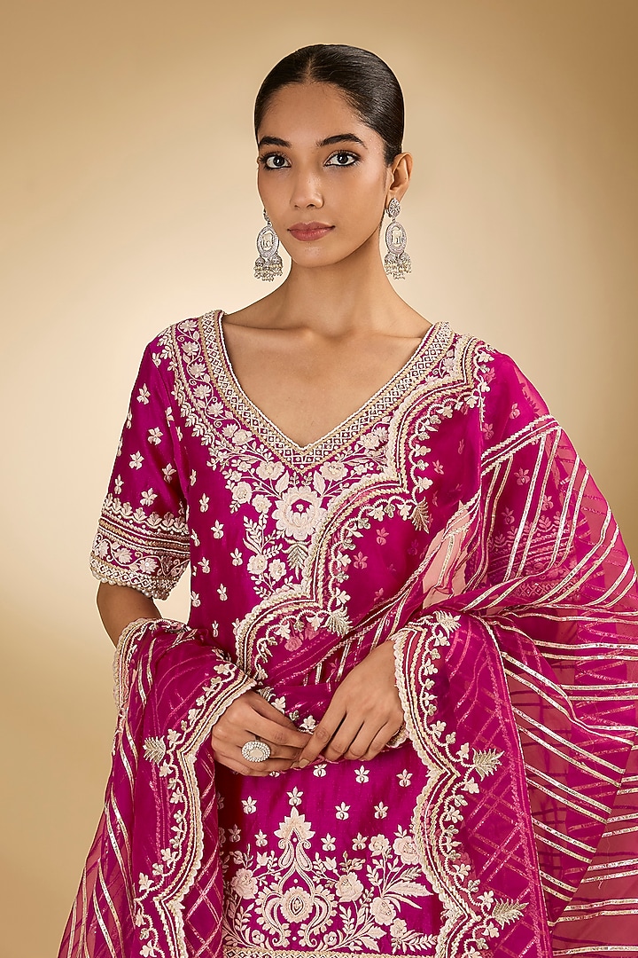 Pink Pure Silk Chanderi Parsi Gara Embroidered Bridal Sharara Set by Sheetal Batra at Pernia's Pop Up Shop