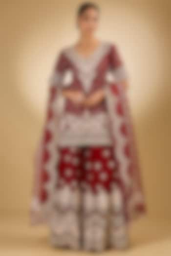 Red Pure Silk Chanderi Parsi Gara Embroidered Bridal Sharara Set by Sheetal Batra at Pernia's Pop Up Shop