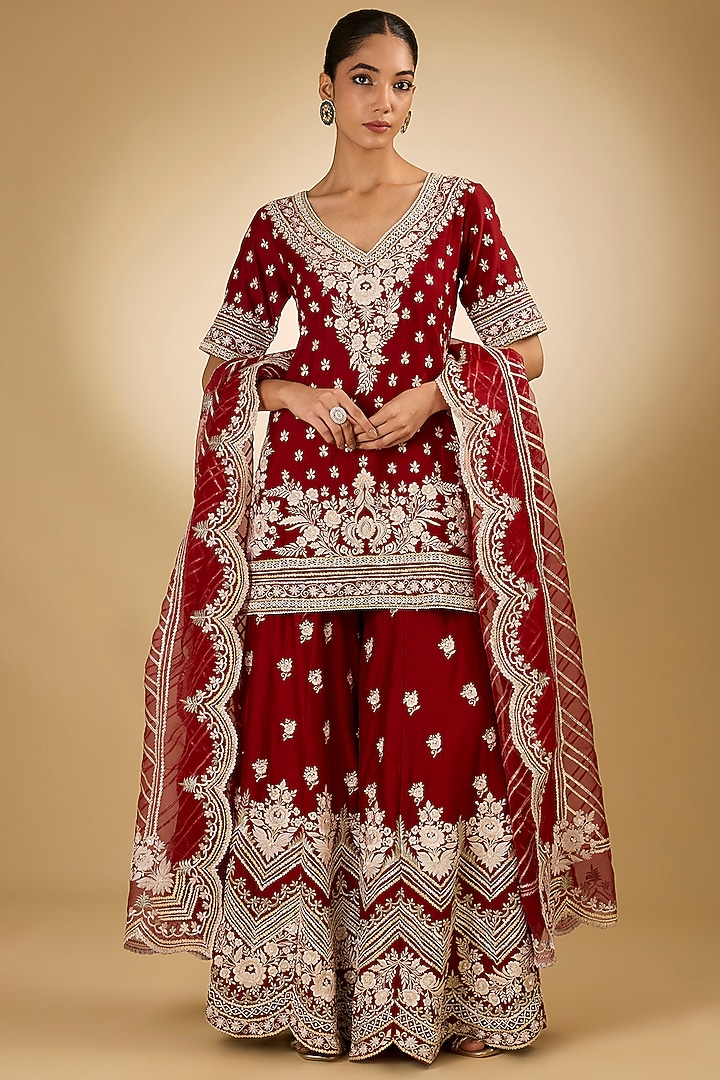 Red Pure Silk Chanderi Parsi Gara Embroidered Bridal Sharara Set by Sheetal Batra at Pernia's Pop Up Shop