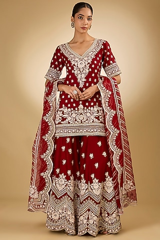 Red Pure Silk Chanderi Parsi Gara Embroidered Sharara Set by Sheetal Batra