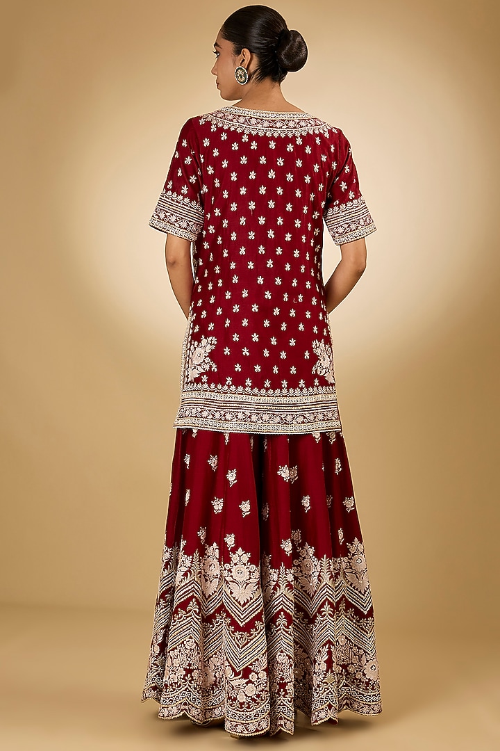Red Pure Silk Chanderi Parsi Gara Embroidered Bridal Sharara Set by Sheetal Batra at Pernia's Pop Up Shop
