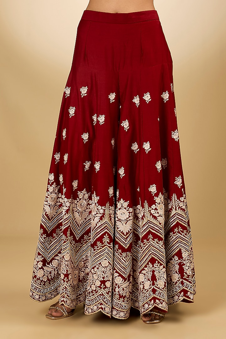 Red Pure Silk Chanderi Parsi Gara Embroidered Bridal Sharara Set by Sheetal Batra at Pernia's Pop Up Shop