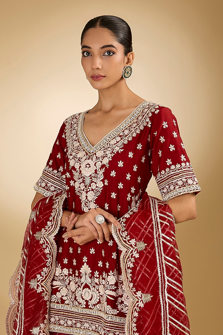 Red Pure Silk Chanderi Parsi Gara Embroidered Bridal Sharara Set by Sheetal Batra at Pernia's Pop Up Shop